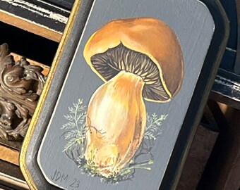 Mini ORIGINAL Art, Acrylic Mushroom Painting on Wood, Botanica, Natural History, Miniature, Woodland, Cottagecore, Cortinarius Glausopus