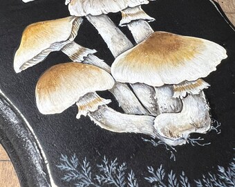 Mushroom Painting on Wood, ORIGINAL painting, shroom,  Woodland, Cottagecore,  dark Academia, moody, Mushroom decor, Nature Artwork, 5x7”