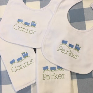 Monogrammed Train Name Baby Bib or Burp Cloth