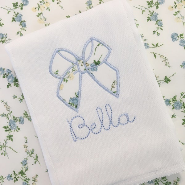 Monogrammed Appliqué Bow Design Burp Cloth or Bloomer or Bib Embroidered Liberty