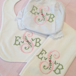 Monogrammed Bloomer, Burp Cloth, or Bib Embroidered