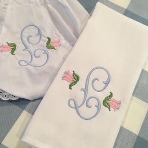 Monogrammed Floral Single Initial Burp Cloth or Bloomer Embroidered