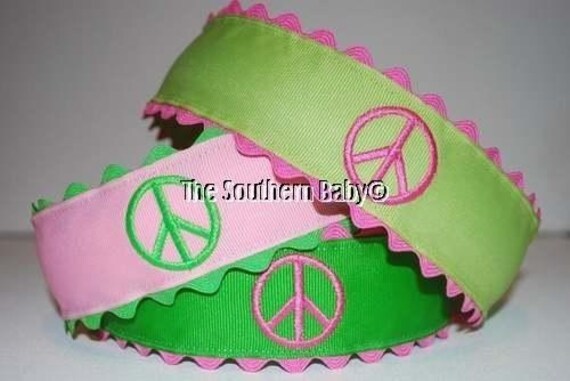 Items similar to Embroidered Peace Sign Headband Custom Boutique Ribbon