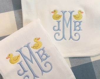 Monogrammed Duck Burp Cloth or Bib Embroidered