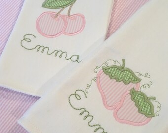 Monogrammed Applique Seersucker Cherry or Strawberry Burp Cloth or bib Embroidered