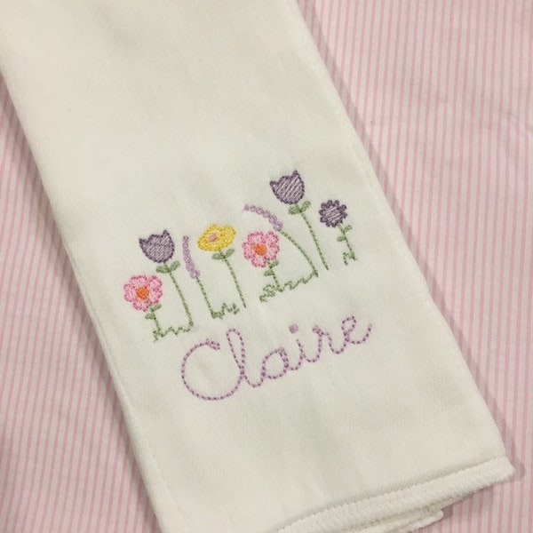 Monogrammed Flowers Burp Cloth  or bib Embroidered