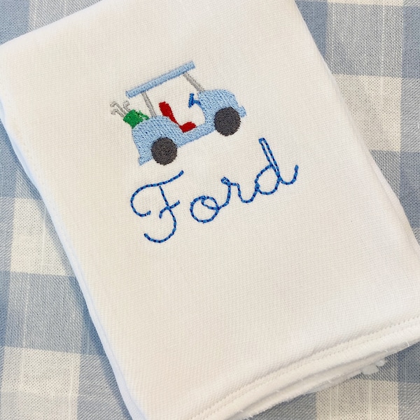 Golf Cart Name Burp Cloth or Bib Monogrammed Embroidered