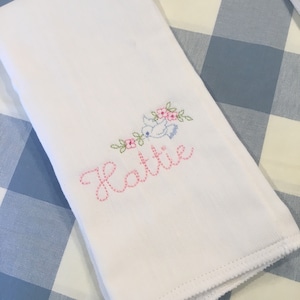 Embroidered Bluebird Name Monogrammed Burp Cloth or Bib or Bloomers Diaper Cover