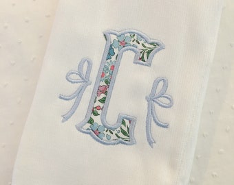Monogrammed Appliqué Burp Cloth or Bib Embroidered Liberty