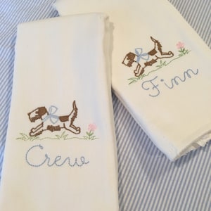 Monogrammed Name Vintage Puppy Dog Burp Cloth or Bib Embroidered