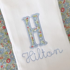 Monogrammed Appliqué Burp Cloth or Bloomer or bib Embroidered Liberty