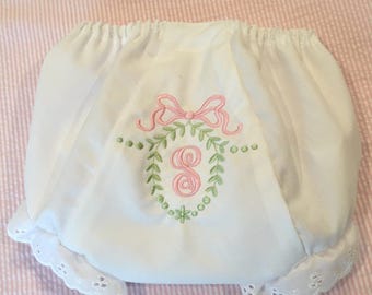 Heirloom Embroidered Monogram Bow Wreath Bloomers Diaper Cover