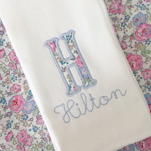 Monogrammed Appliqué Burp Cloth or Bloomer or Bib Embroidered Liberty