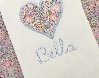 Monogrammed Appliqué Heart Design Burp Cloth or Bloomer or Bib Embroidered Liberty