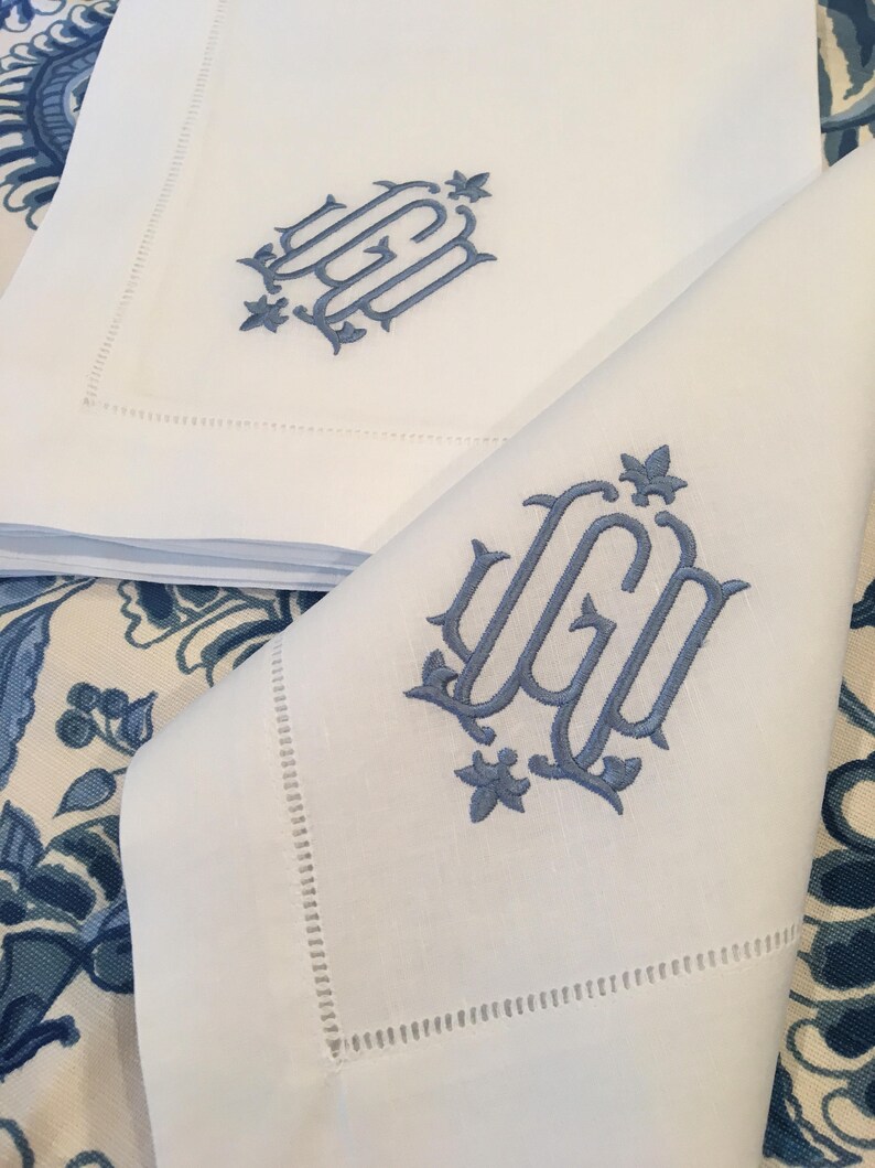 Monogrammed Linen/Cotton Napkin Embroidered Dinner or Cocktail Table Linens