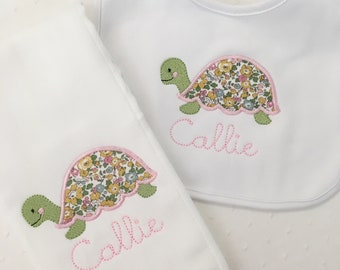 Appliqué Turtle Burp Cloth or Bib Embroidered Liberty