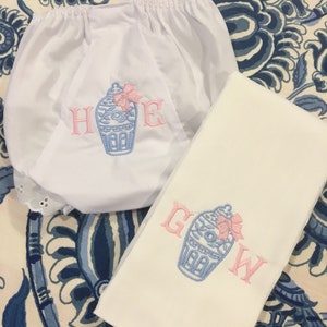 Monogrammed Chinoiserie Ginger Jar Burp Cloth or Bloomers