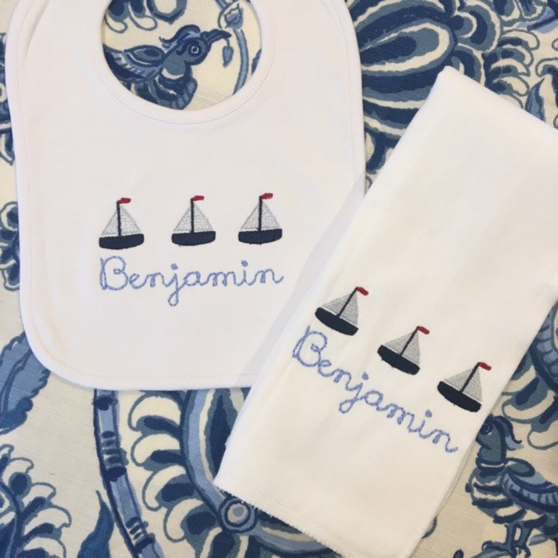 Monogrammed Sailboat Name Cotton Baby Bib or Burp Cloth Etsy