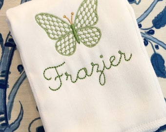 Monogrammed Butterfly Burp Cloth Embroidered