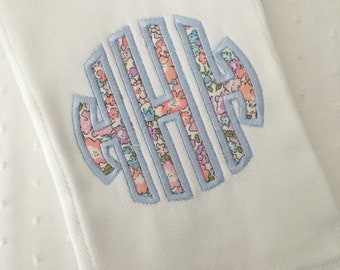 Liberty Applique Monogram Baby Burp Cloth or bib Embroidered