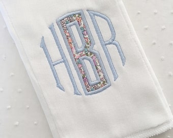 Applique Embroidered Liberty Monogram Baby Burp Cloth or Bib