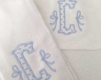 Monogrammed Appliqué Swiss Dot Burp Cloth or Bib Embroidered Pink or Blue