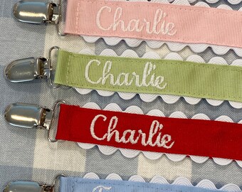 Monogrammed Pacifier Clip Holder Embroidered Name Personalized Baby Child