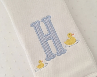 Appliqué Monogram Duck Duckling Burp Cloth or Bib Embroidery