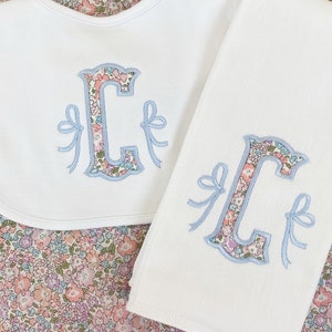 Monogrammed Appliqué Burp Cloth or Bib or Bloomer Embroidered Liberty