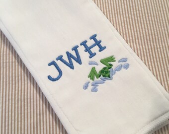 Monogrammed Frog Burp Cloth  or bib Embroidered