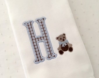 Appliqué Monogram Teddy Bear Burp Cloth or Bib Embroidery
