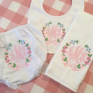 Monogrammed Burp or bib or Bloomer Embroidered Floral Wreath