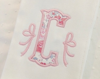 Monogrammed Appliqué Burp Cloth or Bib Embroidered Liberty