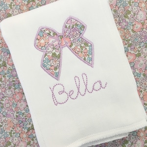 Monogrammed Appliqué Bow Design Burp Cloth or Bloomer or Bib Embroidered Liberty