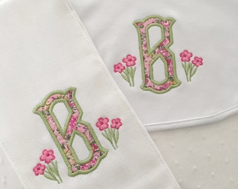 Monogrammed Flowers Appliqué Burp Cloth or Bib Embroidered Liberty