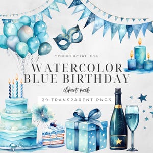 Watercolor Blue Birthday Clipart, Boys Party Images, Bunting, Gift Boxes, Cake, Balloons, Digital Craft Invitations, Commercial Use | CC010
