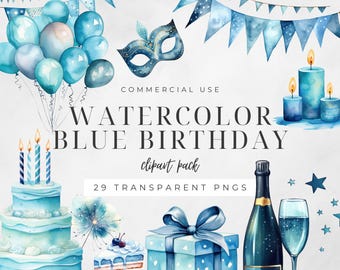 Watercolor Blue Birthday Clipart, Boys Party Images, Bunting, Gift Boxes, Cake, Balloons, Digital Craft Invitations, Commercial Use | CC010