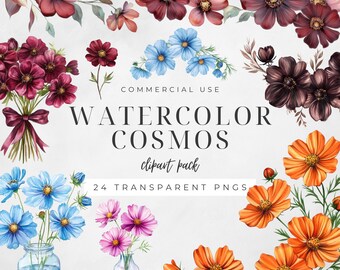 Watercolor Cosmos Clipart, October Birth Month Flower, Botanical PNG, Birthday Clip Art, Fall Floral Wall Art, Digital Craft | CC054