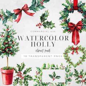 Akwarela Holly Clipart, Wieniec Bożonarodzeniowy, Botaniczne PNG, Girlanda, Grudzień Urodziny Miesiąc Clipart, Zimowa Sztuka Ścienna, Użytek Komercyjny | CC058