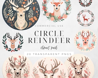 Circle Reindeer Clipart, Round Holiday Tags, Nordic Folk Art Coasters, Christmas Wreath Images, Circular Design, Commercial Use | CC063