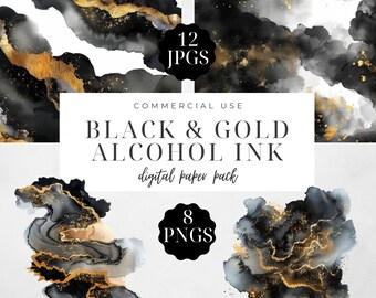 Black and Gold Alcohol Ink Texture Set, Watercolor Backgrounds, Abstract Art, Scrapbook Paper, Digital Download, Commercial Use | CC015