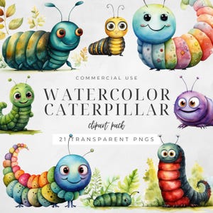 Watercolor Caterpillar Clipart, Nursery Decor, Spring Insect, Cute Caterpillar Clip Art Bundle, Bookworm Graphics, Sweet Bug Images | CC077