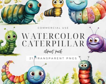 Watercolor Caterpillar Clipart, Nursery Decor, Spring Insect, Cute Caterpillar Clip Art Bundle, Bookworm Graphics, Sweet Bug Images | CC077