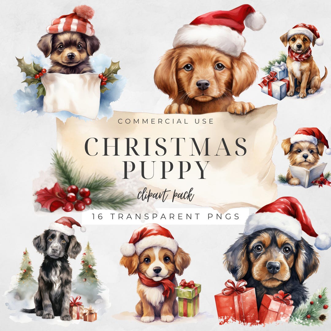 Watercolor Christmas Puppy Clipart, Dog Bundle (16 PNG Files), Xmas ...