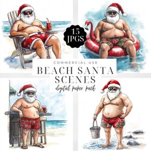 Cenas de Papai Noel na Praia, Ilustrações de Natal em Aquarela, Gráficos Relaxantes de Papai Noel, Imagens de Férias Costeiras, Uso Comercial | CC079