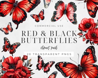 Red Black Butterflies, Crimson Noir PNG Insect, Watercolor Butterfly Clipart Bundle, Digital Craft, Commercial Use, Instant Download | CC006