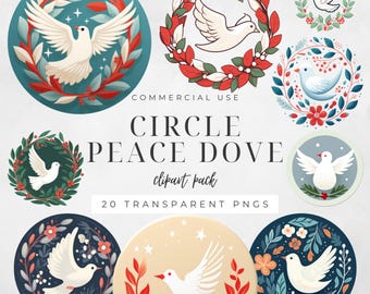 Circle Peace Dove Clipart, Round Holiday Tags, Nordic Folk Art Coasters, Christmas Wreath Images, Circular Design, Commercial Use | CC062