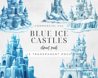 Watercolor Blue Ice Castles Clipart, Winter Kingdom Graphics, Snowy Fairy Tale Clipart, Icy Architecture,  Commercial Use | CC040