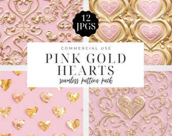 Pink Gold Hearts Seamless Pattern Pack, Valentine Background, Digital Paper Pack, Gold Foil Hearts, Scrapbooking, Commercial Use | CC027