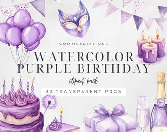 Watercolor Purple Birthday Clipart, Lavender Party Image, Bunting, Gift Box, Cake, Balloon, Digital Craft Invitation, Commercial Use | CC035